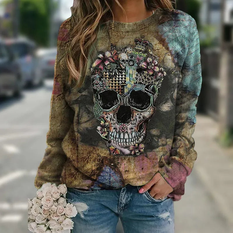 Black long sleeve sweatshirt with allover white skull print design