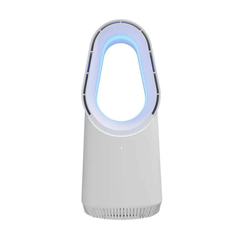 White bladeless tower floor fan with remote control on a wooden desk.