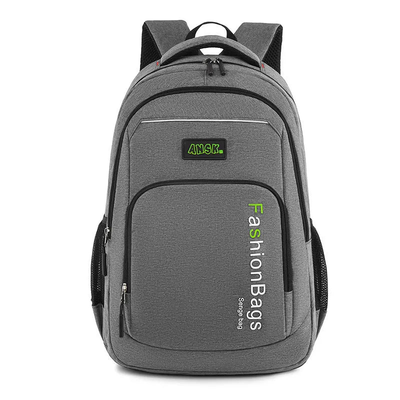 Fashion nylon backpack in black with double shoulder straps and multiple zipper compartments for travel and computer storage