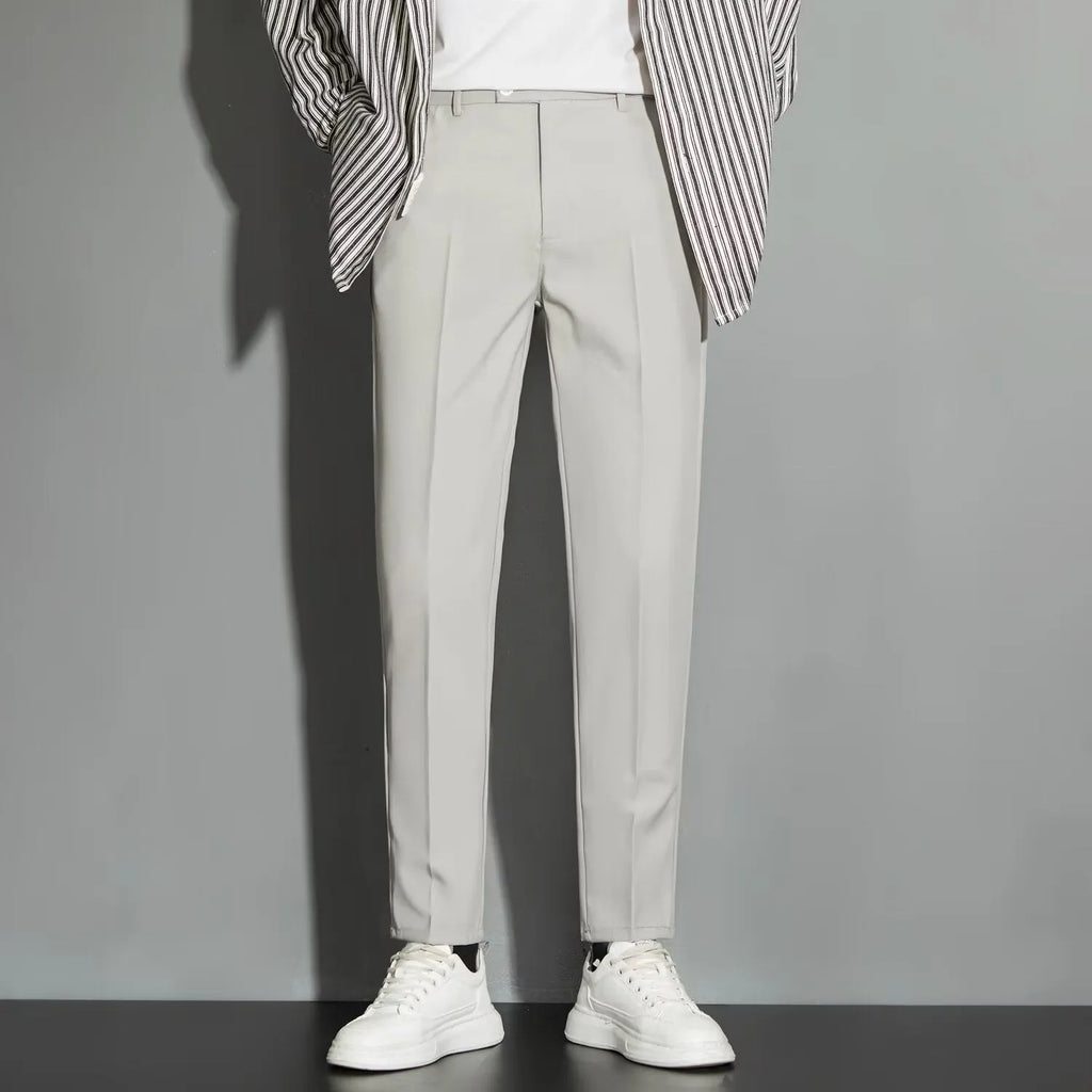 Men's straight leg suit trousers in polyester blend fabric with ankle-length cut