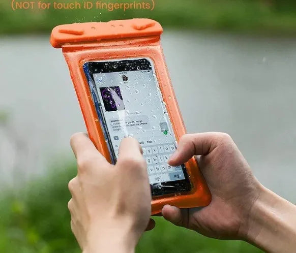 Orange double airbag waterproof phone pouch with a 45cm black rope on a blue background.