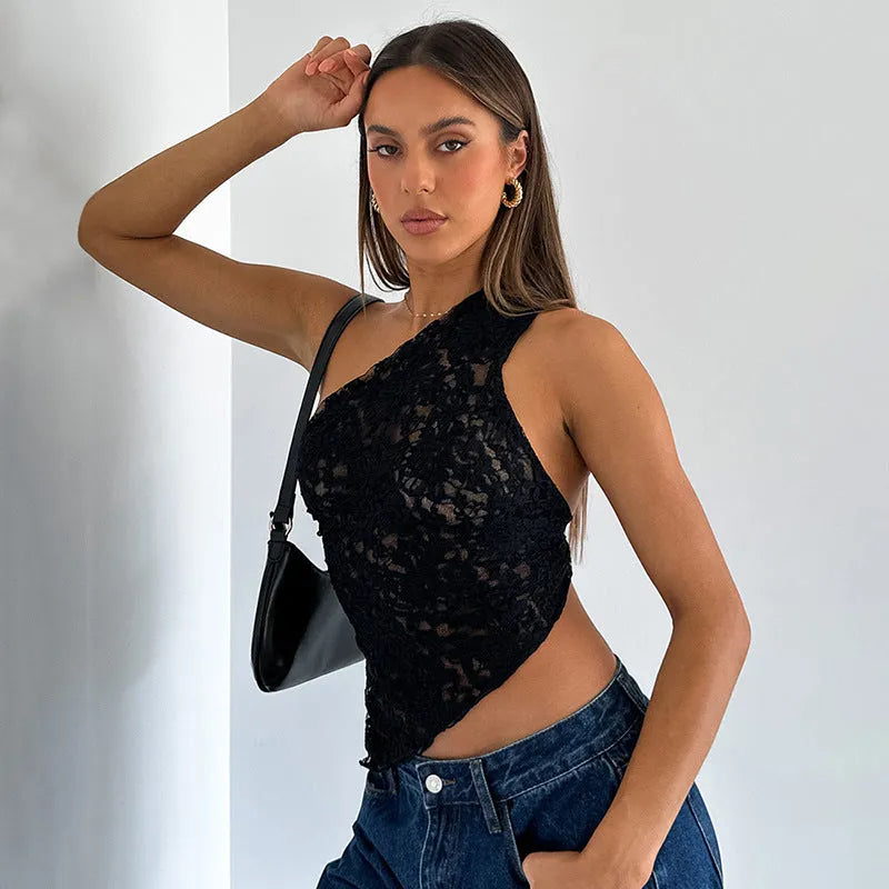 Women's lace backless top with asymmetrical neckline in solid colour