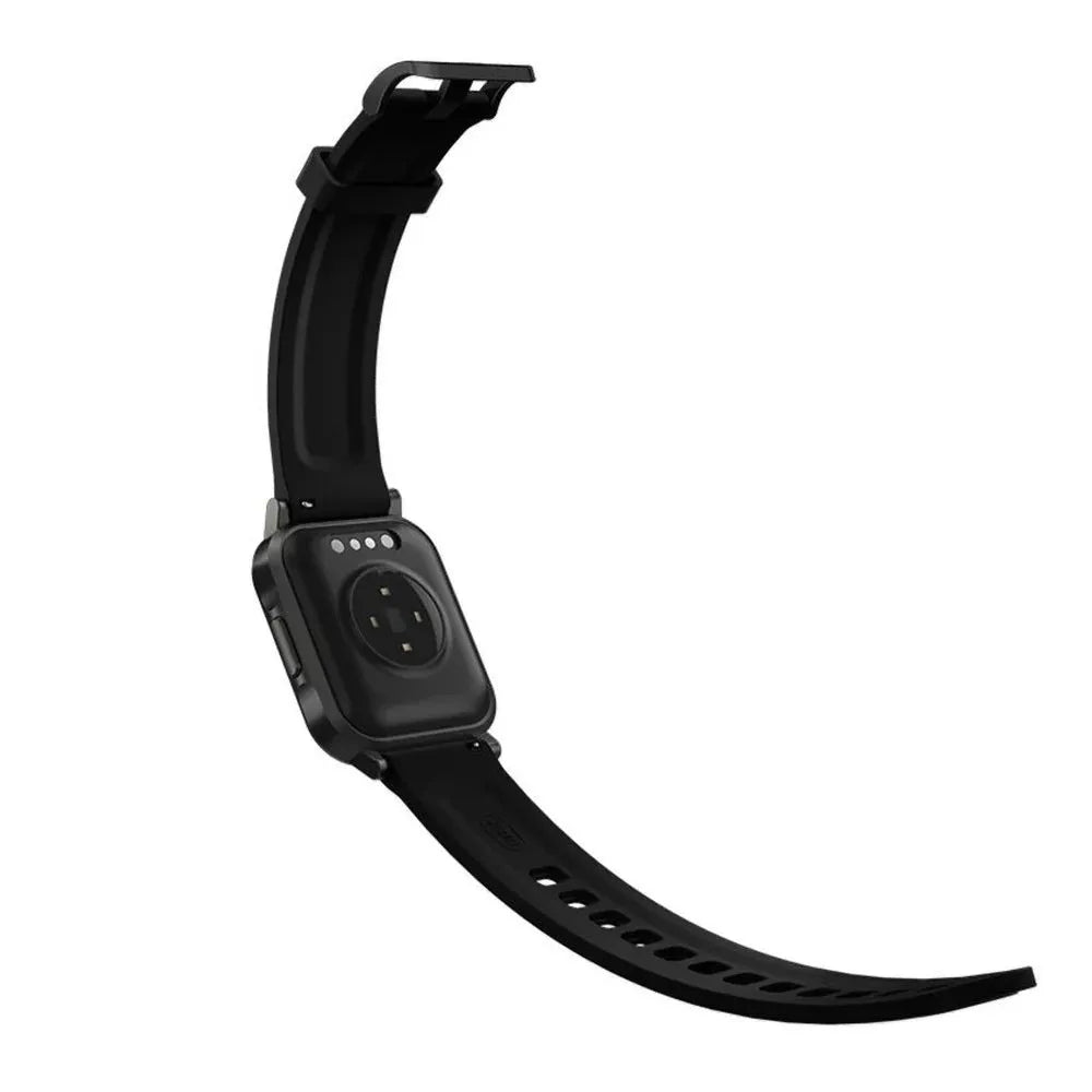 Black waterproof smart bracelet with 1.4-inch screen showing heart rate data on silicone strap.