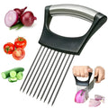 Stainless steel and plastic food slicer holder for onions and tomatoes on a kitchen worktop