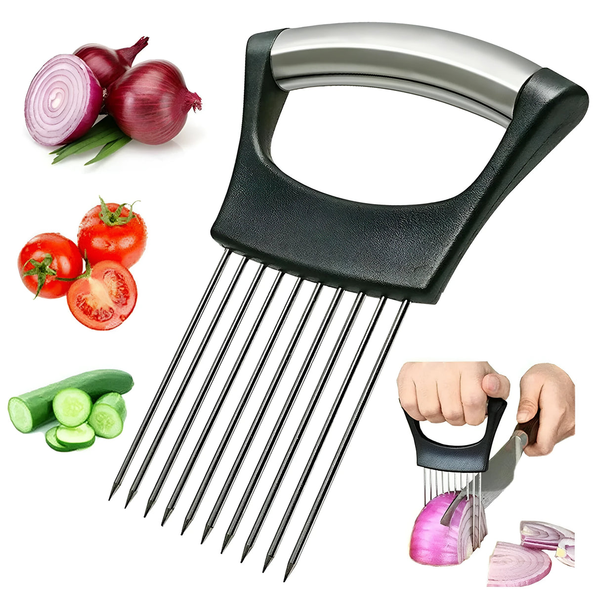 Stainless steel and plastic food slicer holder for onions and tomatoes on a kitchen worktop