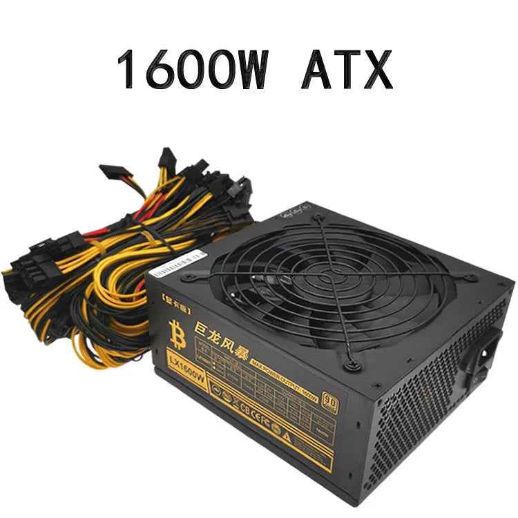 Black server power supply unit with multiple cable connectors including 12 GPU and 3 D-type ports.