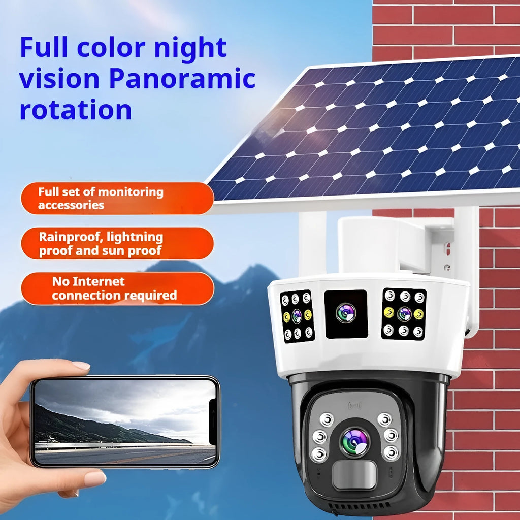 Solar-powered binocular surveillance camera with weatherproof housing and integrated solar panel