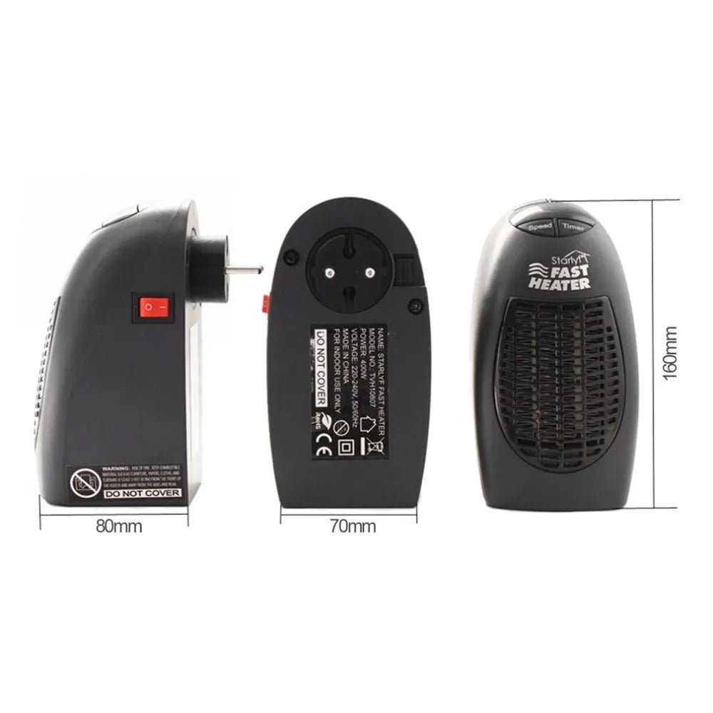 Black mini ceramic electric heater with digital display and a rotating three-prong plug on a desk.