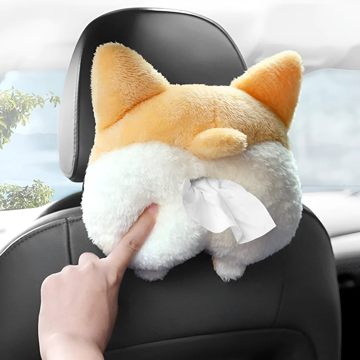 Yellow corgi butt-shaped soft pouch tissue box cover with elastic strap for car visor.
