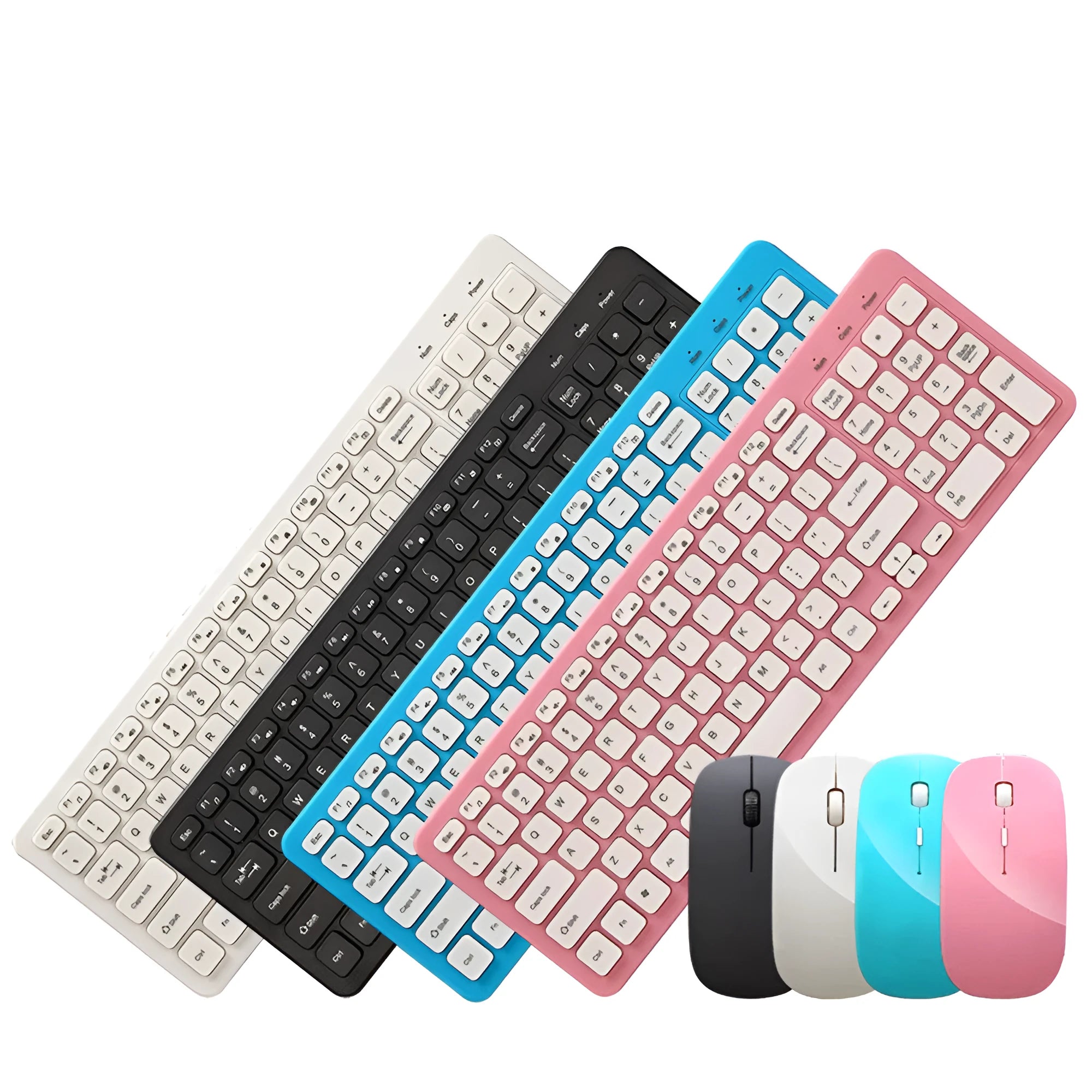 Black wireless keyboard and mouse set with compact 96-key layout and USB receiver on a wooden desk.