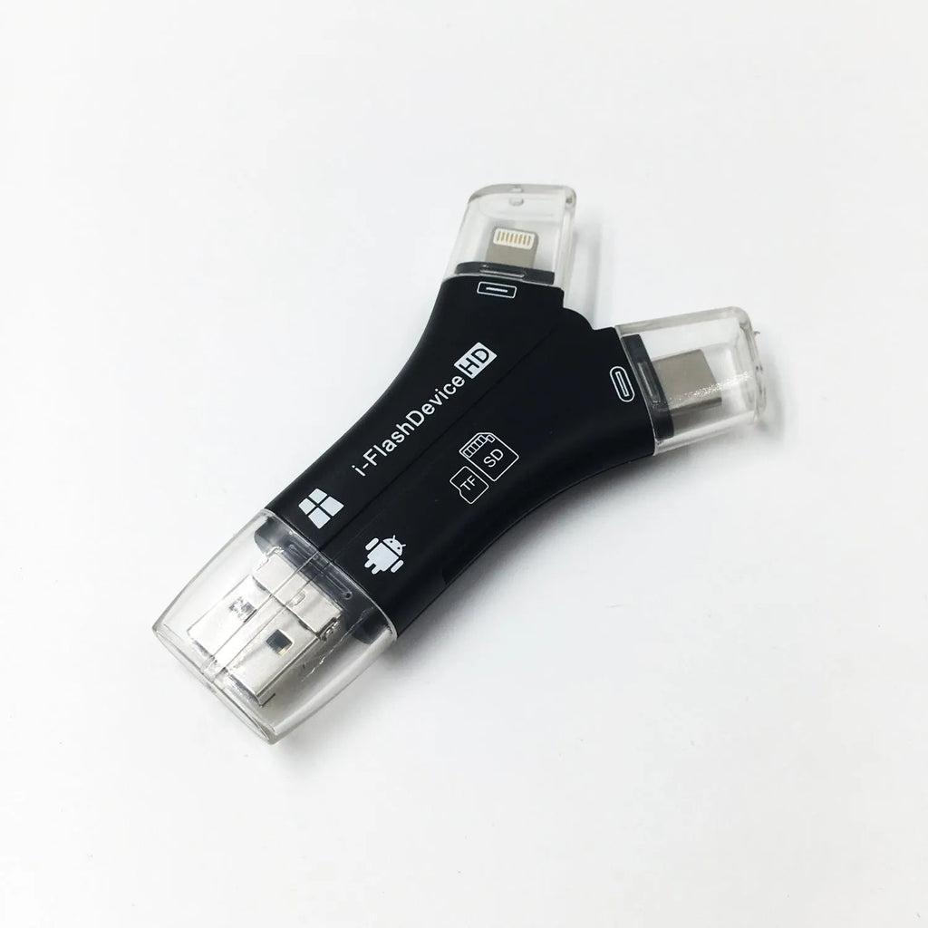 White 4-in-1 card reader with Lightning, USB, Micro USB and Type-C connectors for iPhone and Android phones