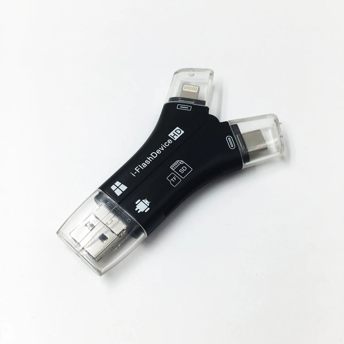 White 4-in-1 card reader with Lightning, USB, Micro USB and Type-C connectors for iPhone and Android phones