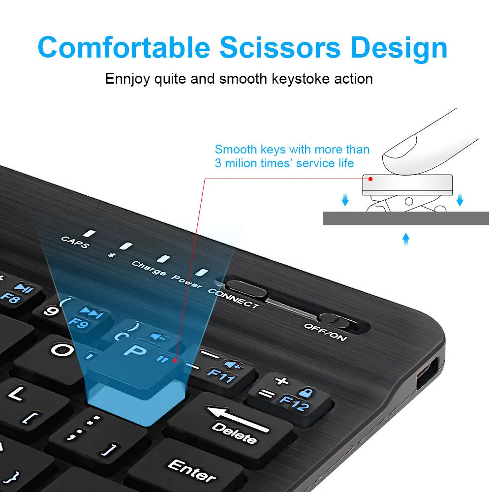Mini Bluetooth wireless keyboard in black or white colour with compact design for tablets