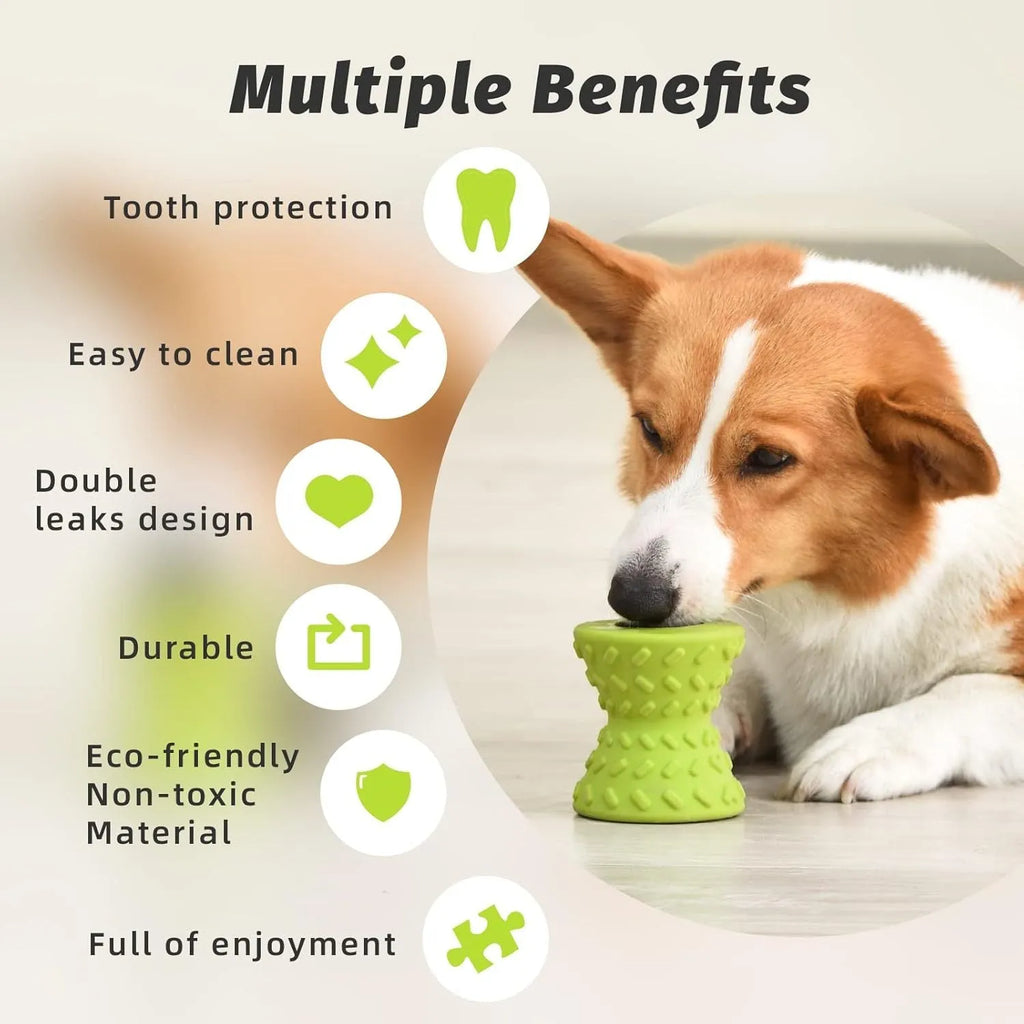 Natural rubber treat dispensing bone toy for dogs in blue, green or purple colours