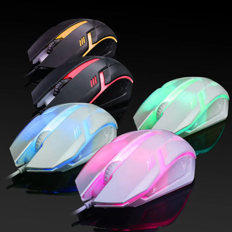 Wired computer mouse with luminous glow effect in black or white colour with USB cable