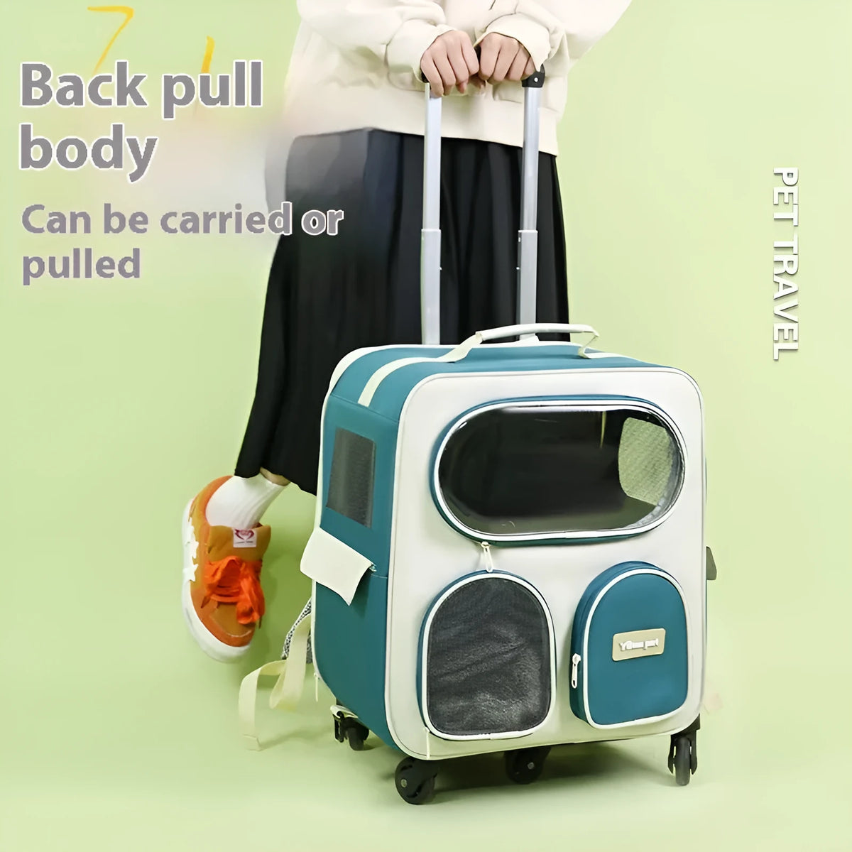 Foldable nylon pet trolley bag with pull rod, medium hard body, 18 capacity, solid colour