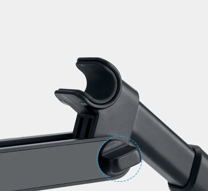 Black car phone holder attached to vehicle rear seat base with universal bracket holding tablet