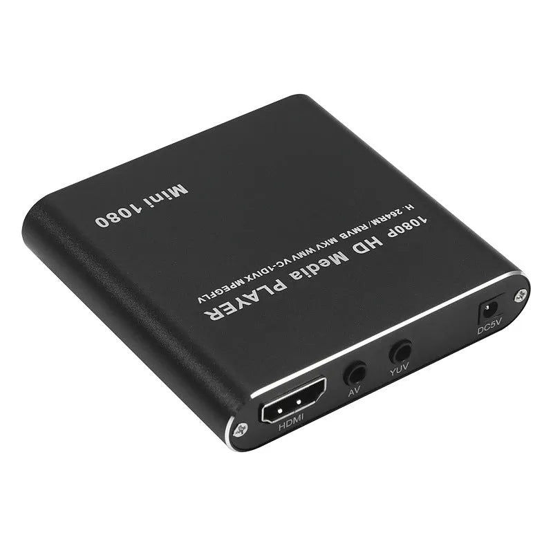 Compact black HDMI media player with USB port and remote control for 1080P video playback