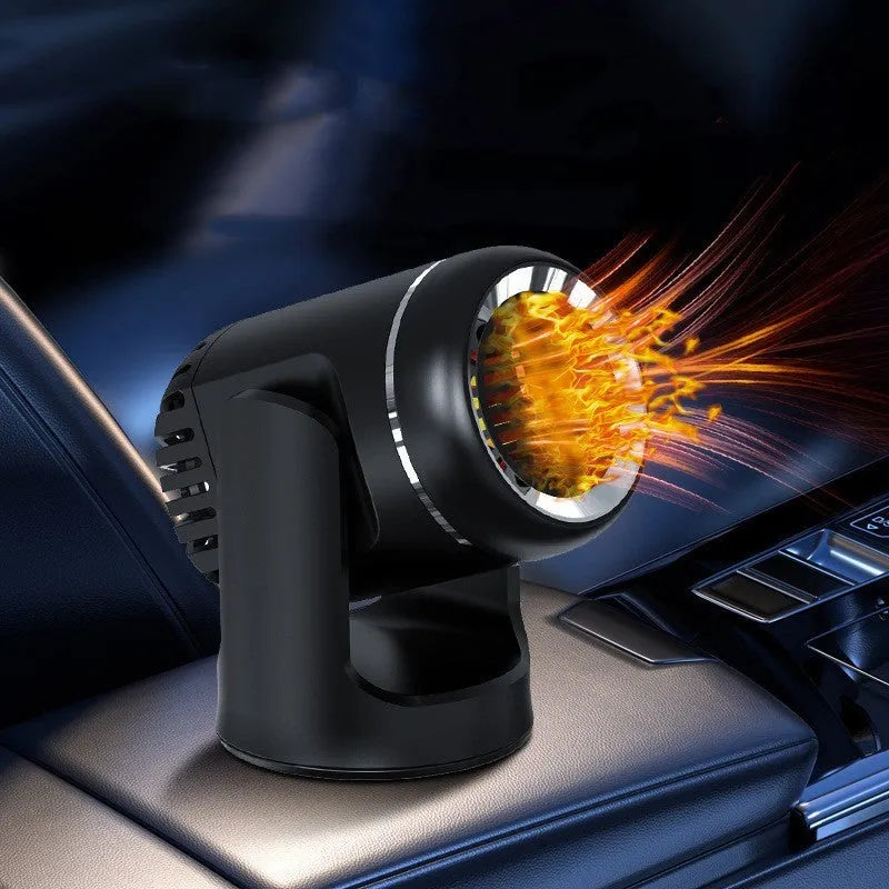Black and white portable 12V car heater with dual cold/warm function for defrosting windscreens