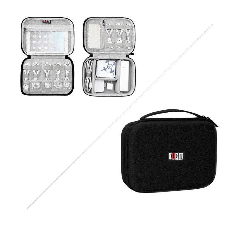 Black and grey EVA digital storage organiser bag for headphones and tech accessories, showing single and double layer options.