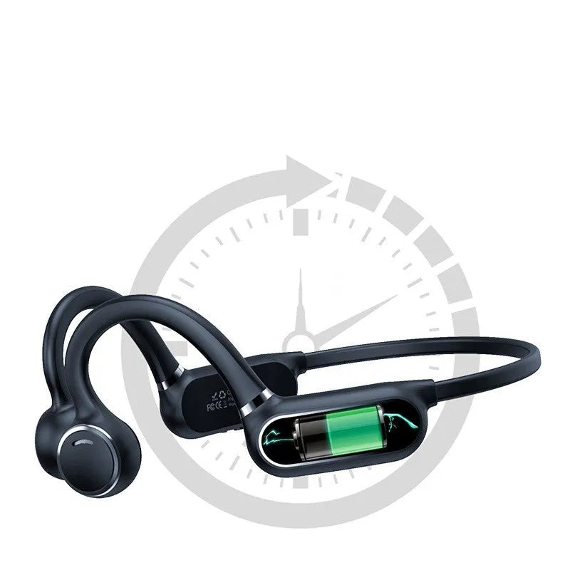 Black air conduction Bluetooth wireless earphone with a titanium alloy ear-hook frame on a white background.