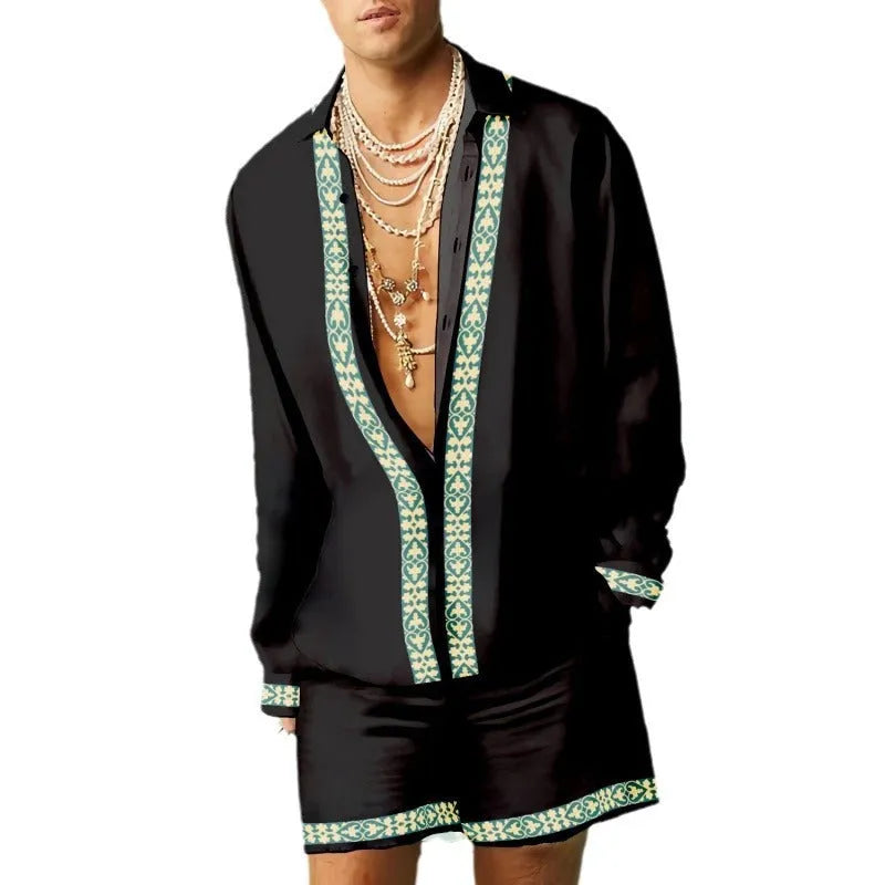 Men's casual summer loose shirt shorts set in slim fit with long sleeves on hanger