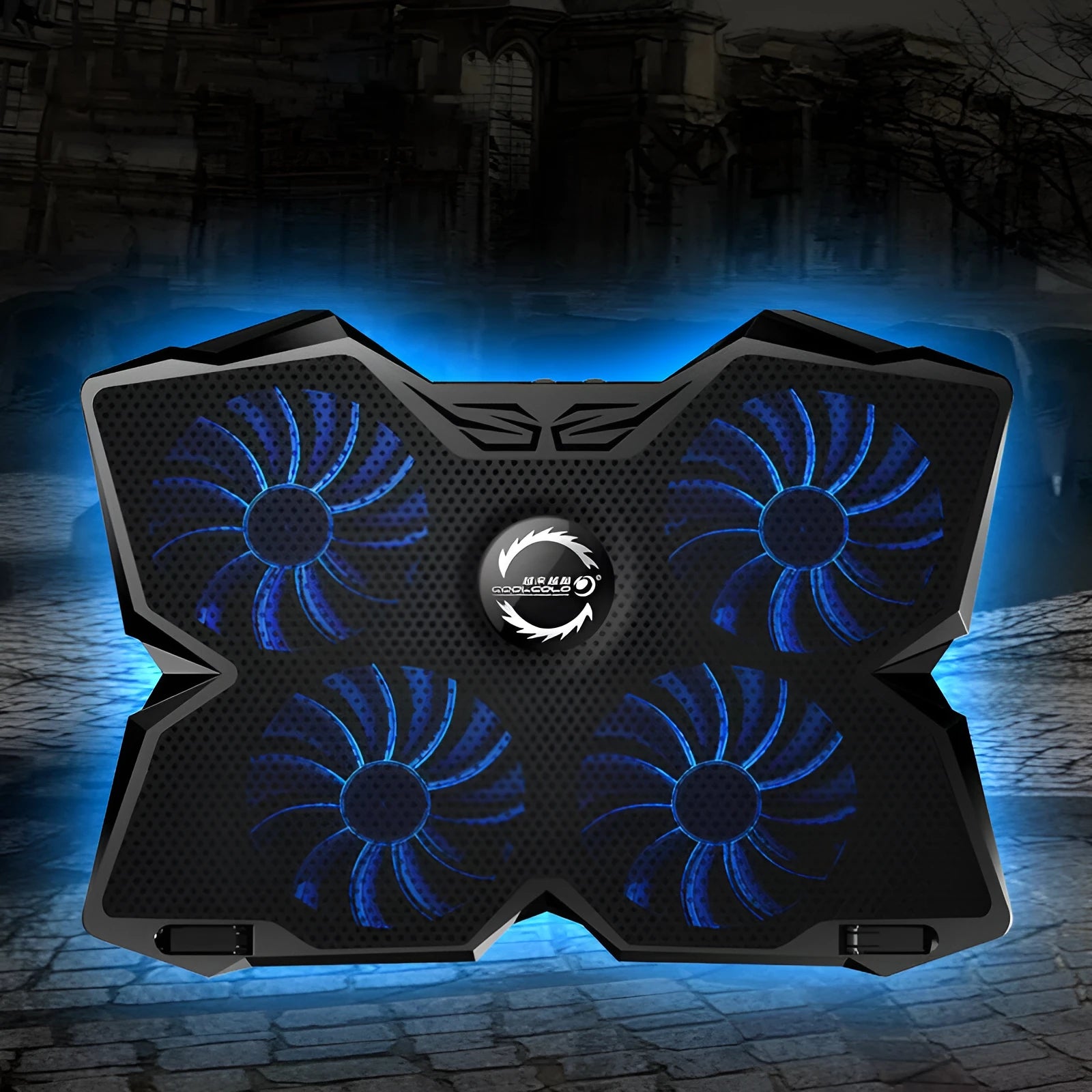 Blue LED computer cooling base with four fans and USB ports on desktop