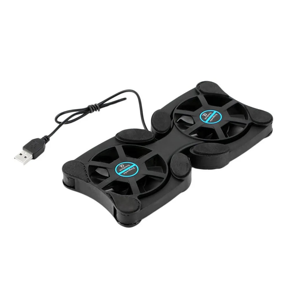 Black folding laptop cooling pad with two 70mm fans, USB powered, for 7-15 inch notebooks