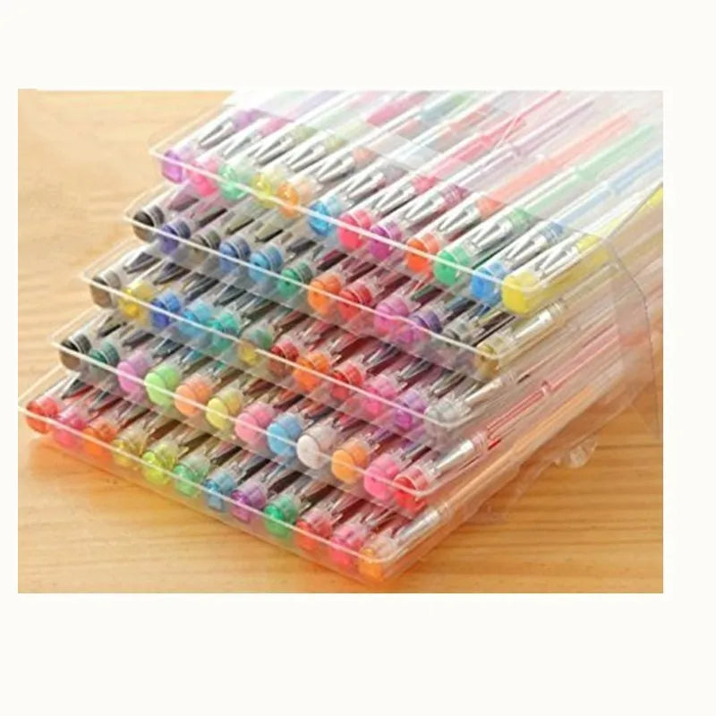 100 colour gel pen set with watercolour effects and dual tip sizes in plastic barrels