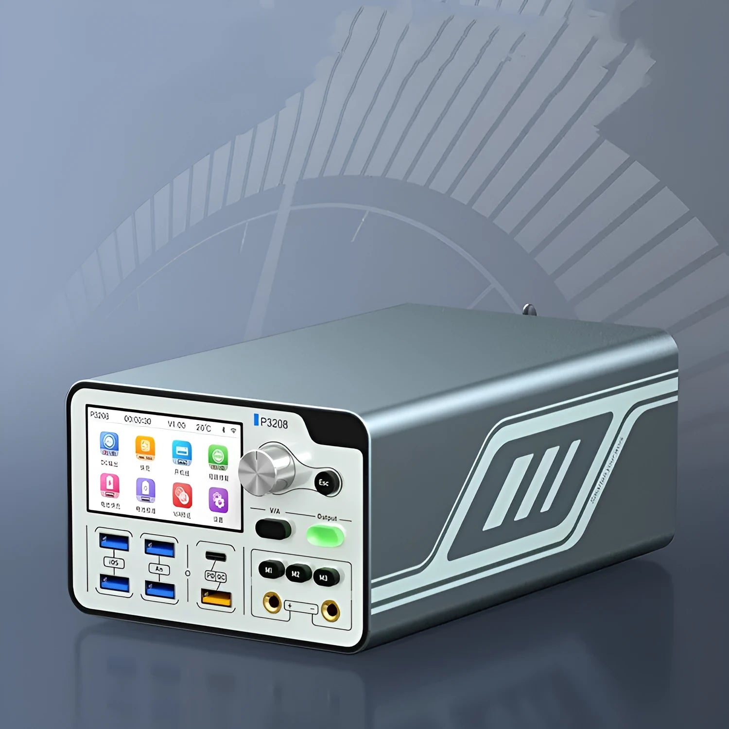 320W smart voltage regulator power meter with blue case and 3-inch IPS display on bench.