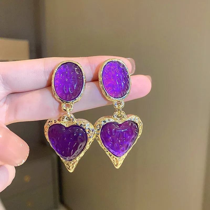 Silver needle pleated oval love heart stud earrings in purple, red, green, and yellow white colours with stainless steel posts.