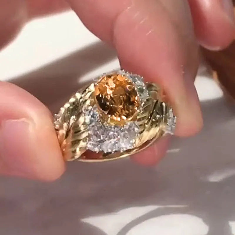 Gold copper feather embossed ring with yellow zircon stones for women