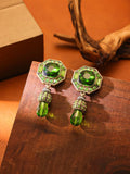 Full-jeweled geometric octagonal stud earrings in blue or green copper alloy for female wearers
