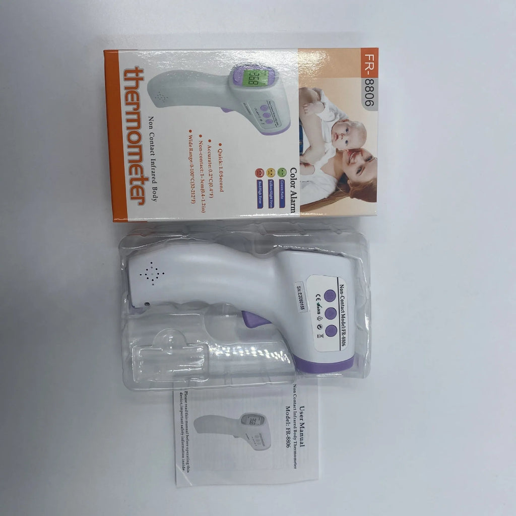 White digital non-contact thermometer for clinical temperature measurement.