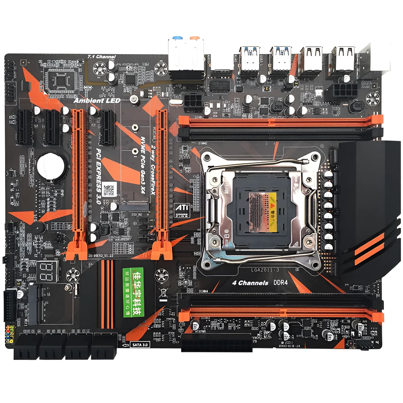 X99 computer motherboard with LGA2011-3 CPU socket, four DDR4 slots, PCI-E expansion, and rear I/O ports