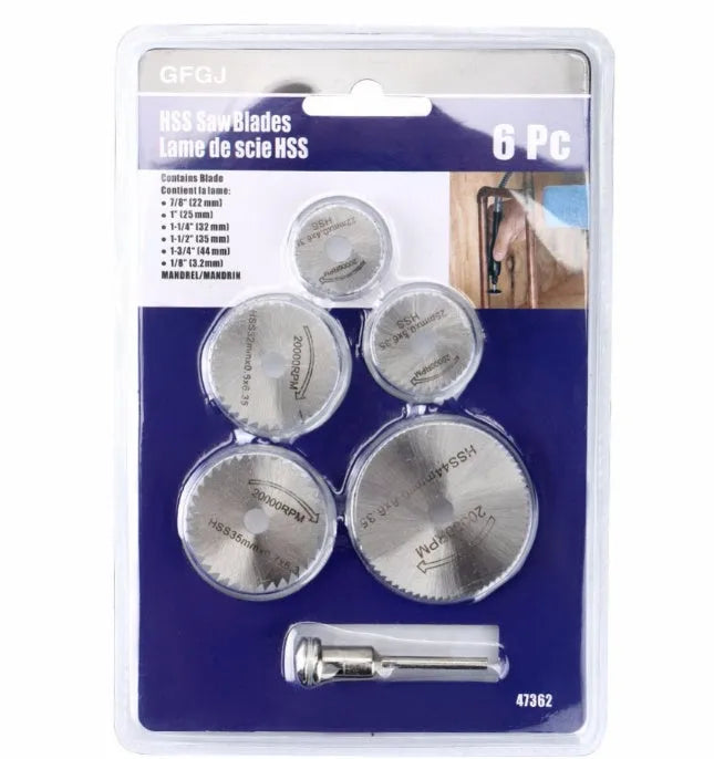 Six high-speed steel circular saw blades with diameters from 10mm to 25mm for woodworking