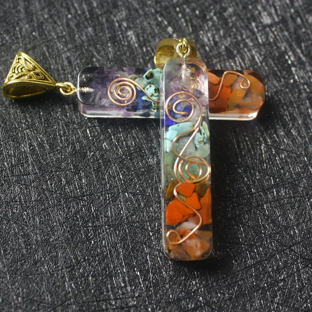 Gravel seven chakra spirit pendant geometric unisex acrylic jewellery with natural crushed stone about 4.5*1*0.8cm