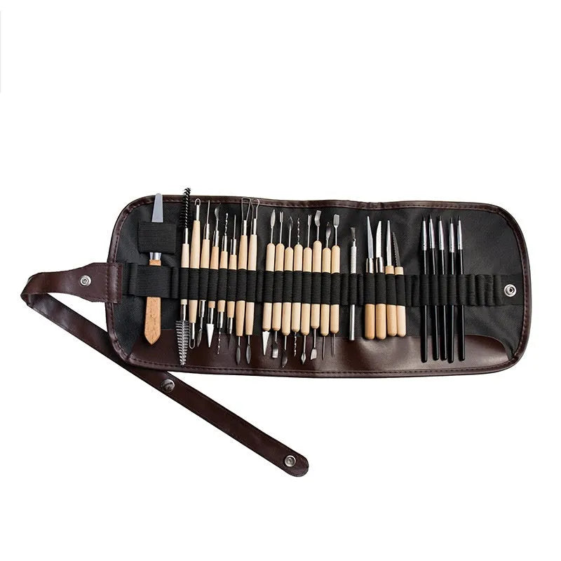 Brown 27-piece pottery clay tool set with stainless steel blades and wooden handles for sculpting