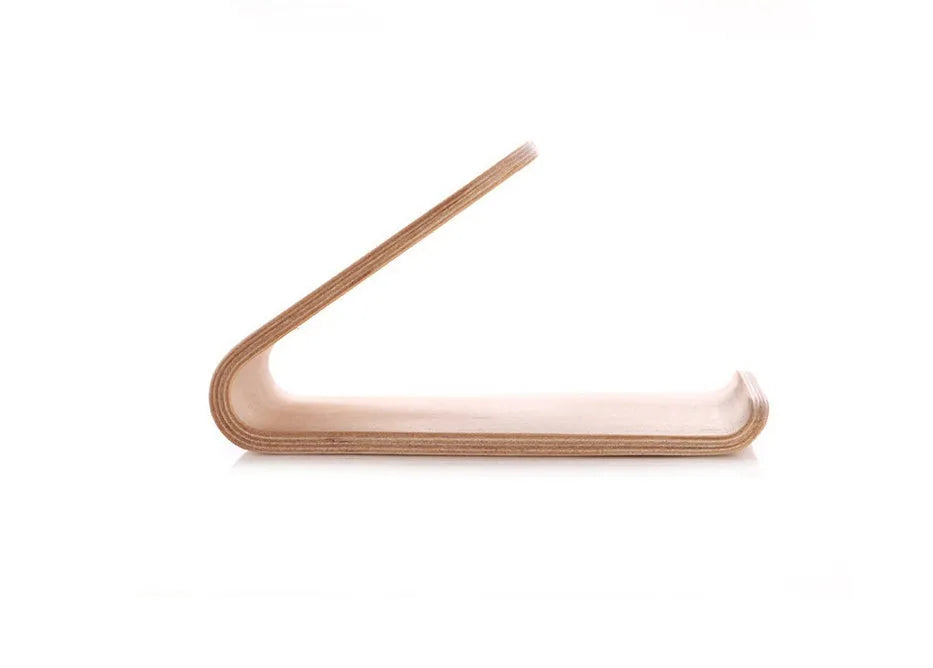 Wooden iPhone stand in walnut or maple finish showing angled bracket design