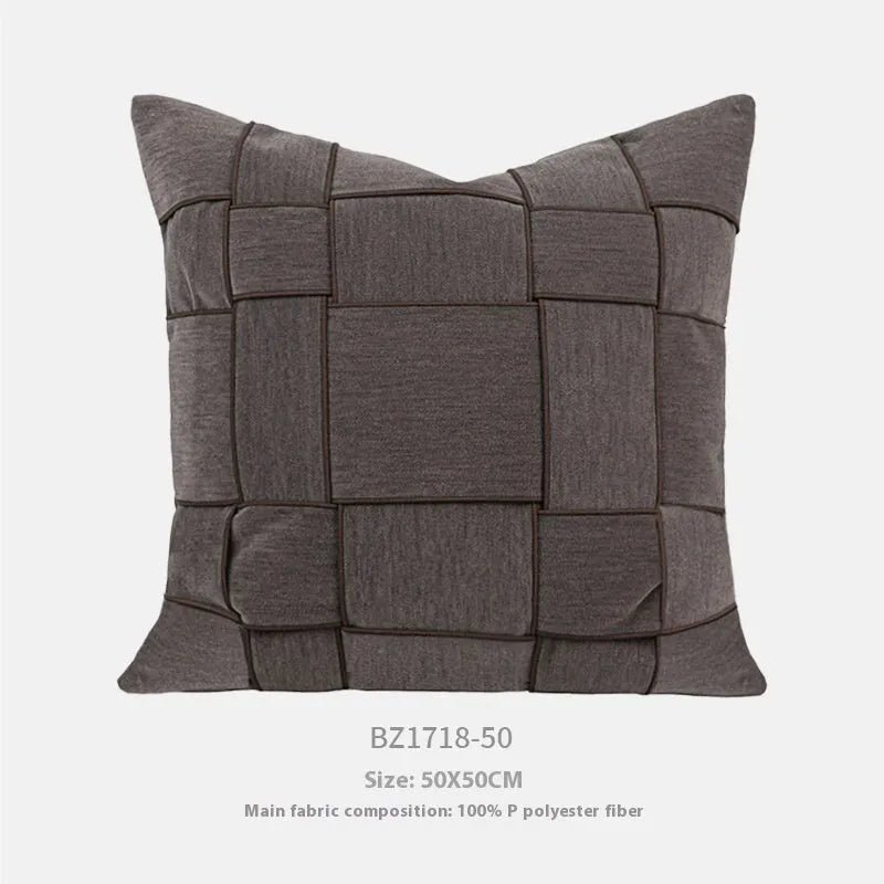 Square 50x50cm chenille woven cushion in a choice of colours like retro green or beige, shown on a sofa.