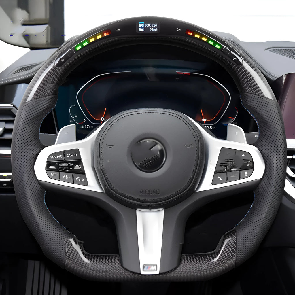 Black carbon fibre BMW X3 X5 steering wheel with LED display and multifunctional controls
