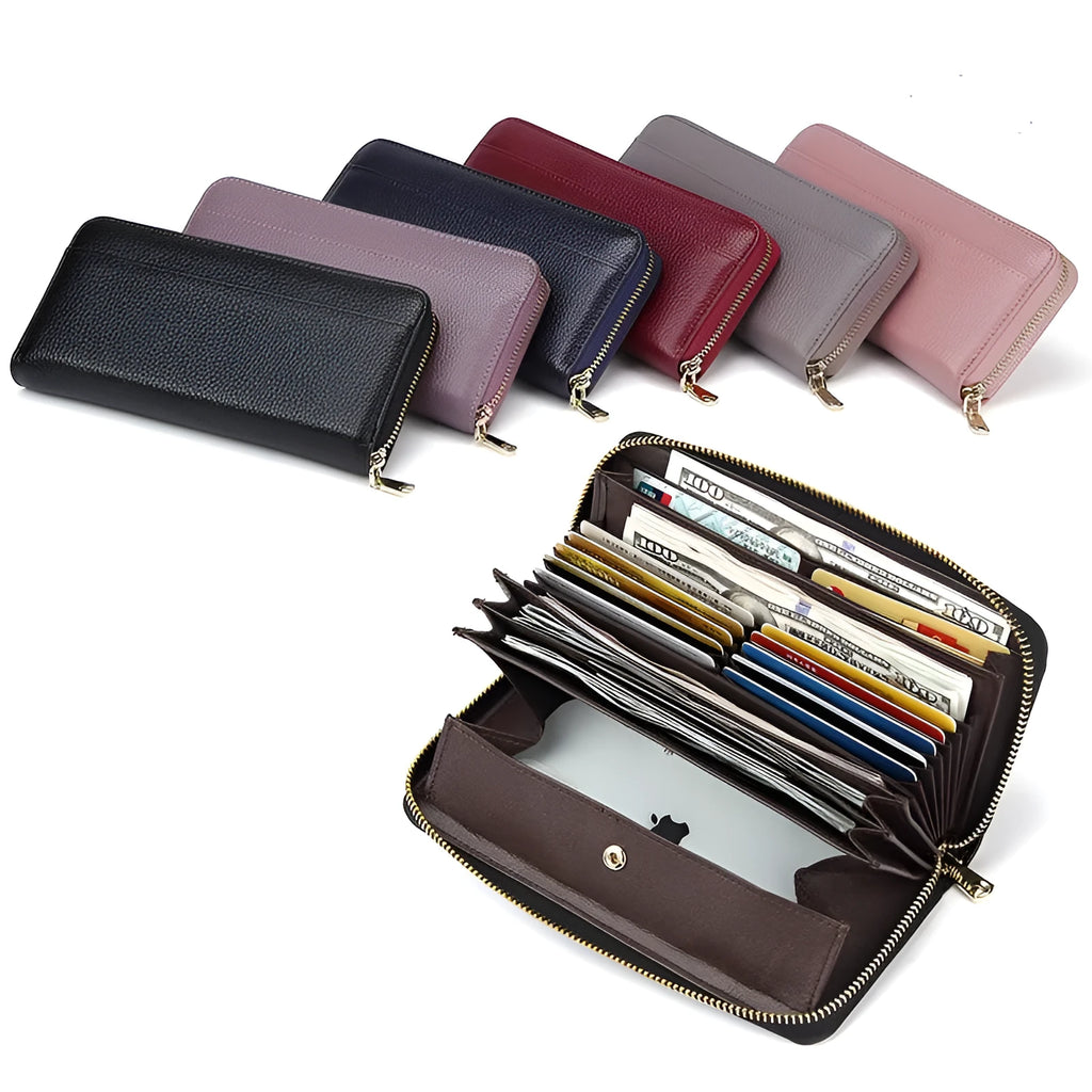 Genuine leather long wallet for women showing six colour options with anti-theft card protection