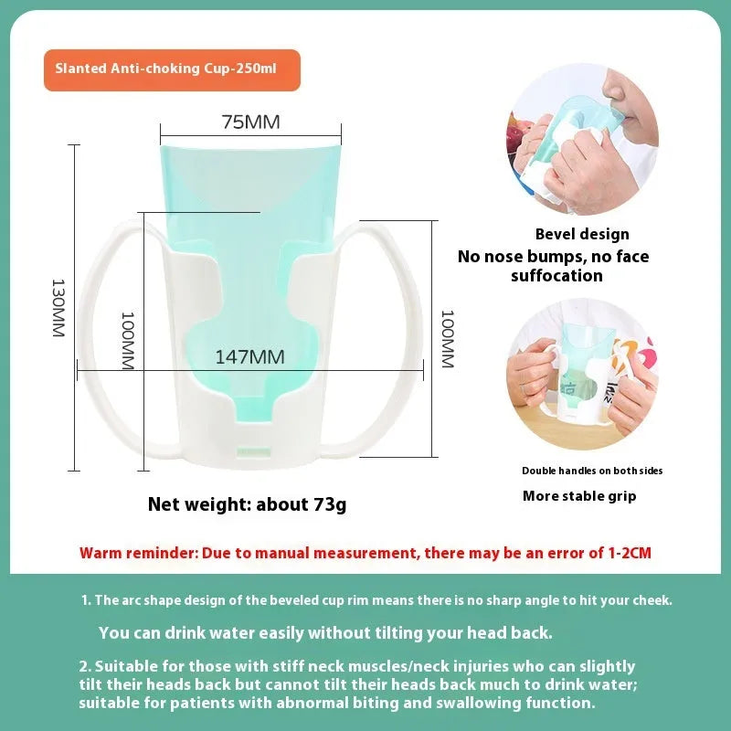 Adult care bed drinking cup with handle and lid, shown in oblique mouth choke proof style