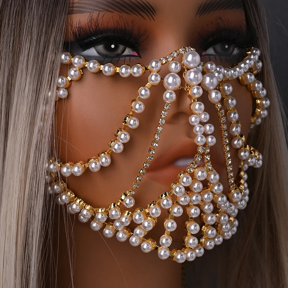 Geometric rhinestone mask with alloy patchwork design in silver or gold electroplated finish