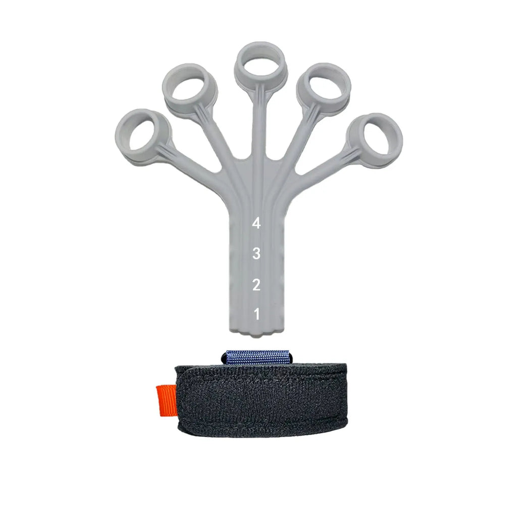 Silicone finger flexion and extension rehabilitation trainer with adjusting belt in black or grey.