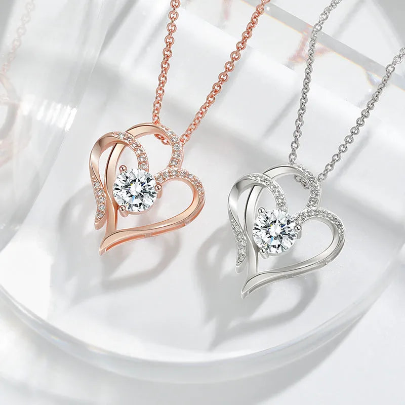 Women's 925 sterling silver heart pendant necklace with diamond treatment in rose gold, white gold, or yellow gold finish