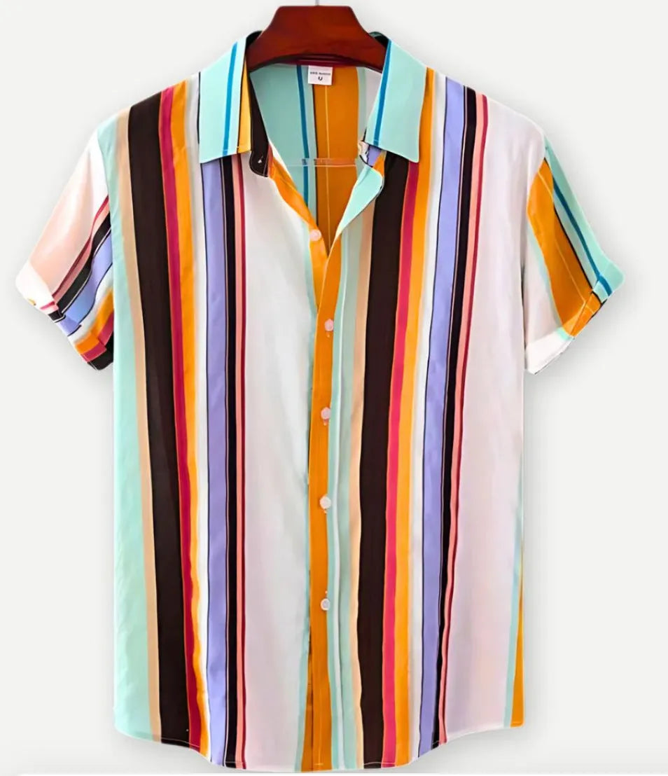 Hawaiian floral print short sleeve shirt with lapel collar in elastic polyester fabric
