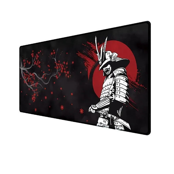 Japanese samurai design cloth gaming mouse pad on a desk, showing non-slip base and custom artwork.
