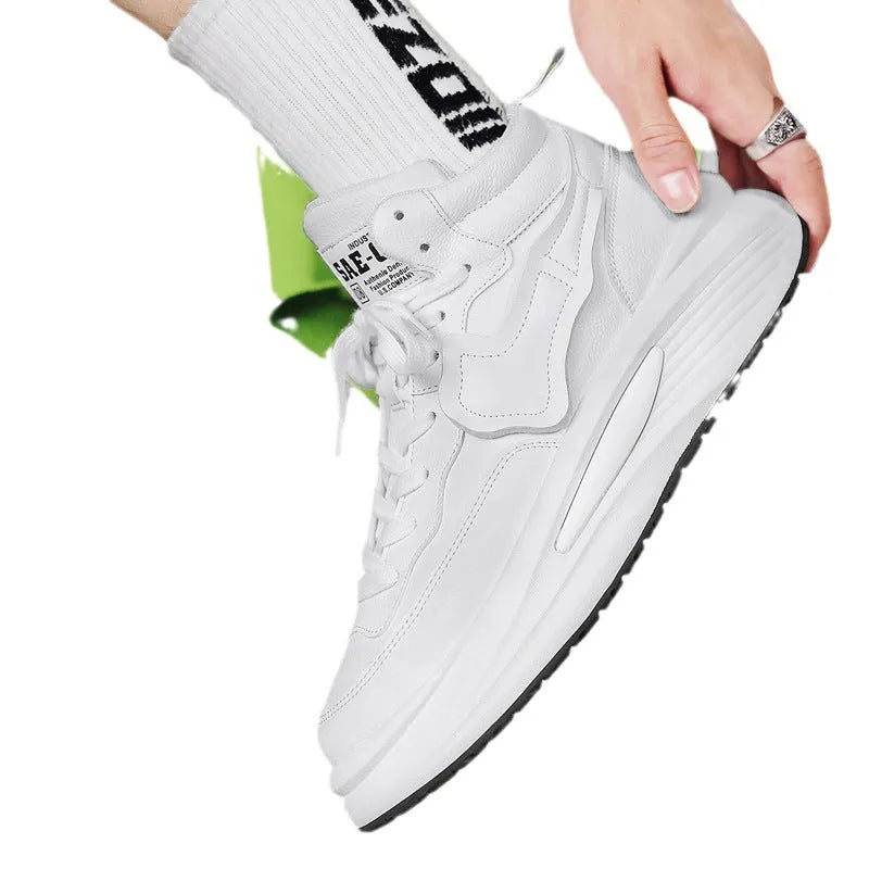 Men's black and white platform high-top board shoes with round toe and artificial PU leather upper
