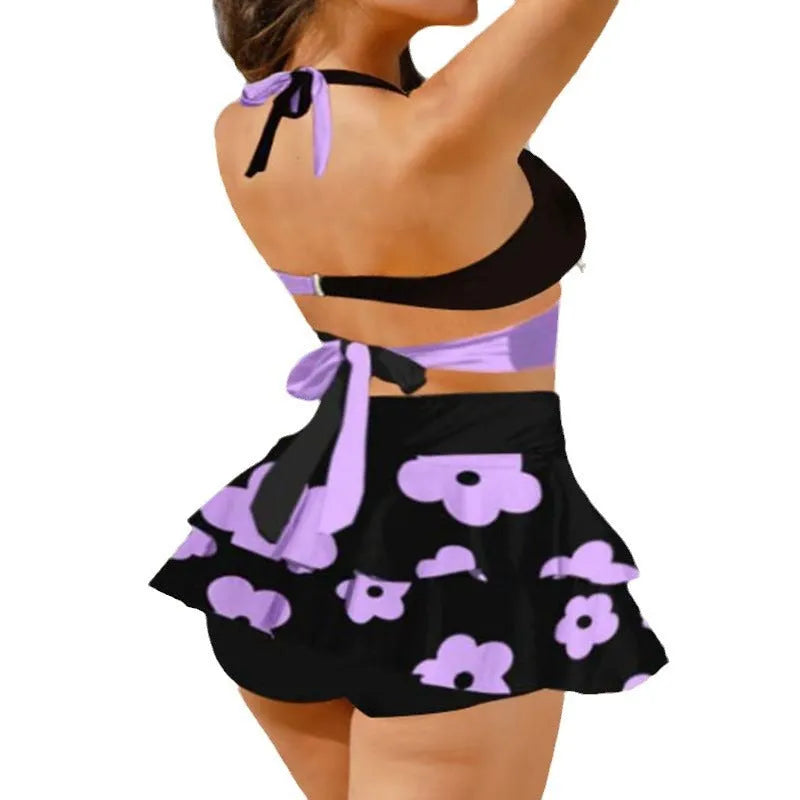 Women's purple split skirt bikini with lace-up back for swimming sports
